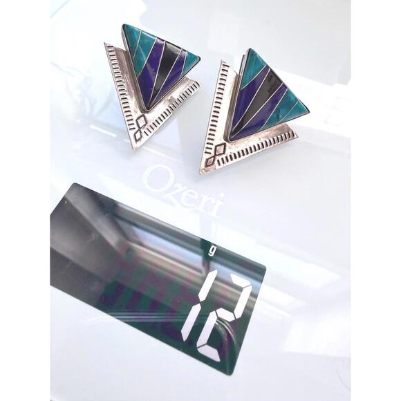 VTG SUNWEST 925 Silver Turquoise Lapis Onyx Inlay Earrings Southwestern - Picture 5 of 7